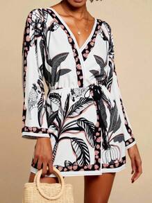 Travachic Váy mini tay loe họa tiết nhiệt đới cho nữ, đi nghỉ thường ngày - màu nâu - Xem 4