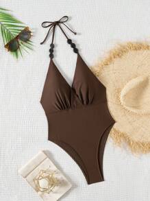 Swim Chiccia 1pc Women's Solid Color Elegant Gathered Tie Neck Asymmetrical Faux Pearl Decor Backless High Collar One-Piece Swimsuit For Summer Beach Vacation