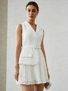 MOTF PREMIUM ĐẦM BLAZER NGẮN CỔ CỔ ĐIỂN CÓ KHÓA THẮT LƯNG REN XẾP NẾP 2 TRONG 1 - trắng - Xem 4