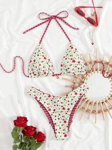 Swim Mod Ladies' Summer Beach Music Festival Ditsy Floral Patchwork Printed Halter Neck Triangle Bikini Set With High Cut Bottoms - Multicolor - View 3