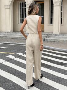 Serisse 2pcs Women Single-Breasted Vest And Pants Set, Solid Color Elegant SummerAsymmetric - Apricot - View 2