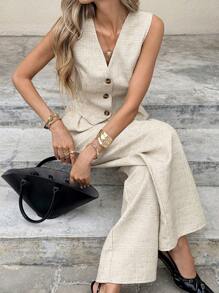 Serisse 2pcs Women Single-Breasted Vest And Pants Set, Solid Color Elegant SummerAsymmetric - Apricot - View 7