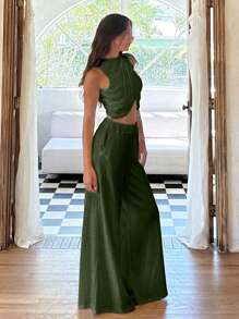 Cloudara Conjunto de top corto drapeado de cuello redondo y Bottom a juego, un estilo sencillo y chic - Verde militar - Ver 3