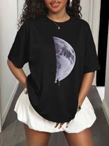 Maweii Plus Size Women's Drop-Shoulder T-Shirt With Moon Pattern, Summer - Black - View 1