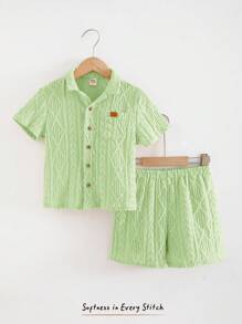Cozy Pixies Bộ 2 áo cardigan tay ngắn ve trơn cho bé trai và quần short lưng chun - màu xanh lá - Xem 3