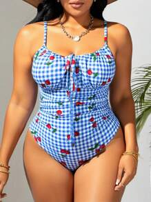 Swim Mod 大码樱桃印花格子连体泳衣，度假和海滩 - 黑色 - 查看 3