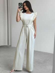 Firerie Bộ đồ liền thân ống rộng cổ tròn xếp nếp cạp cao thanh lịch & lãng mạn thời trang hàng ngày dành cho nữ, mùa hè - Màu be - Xem 9