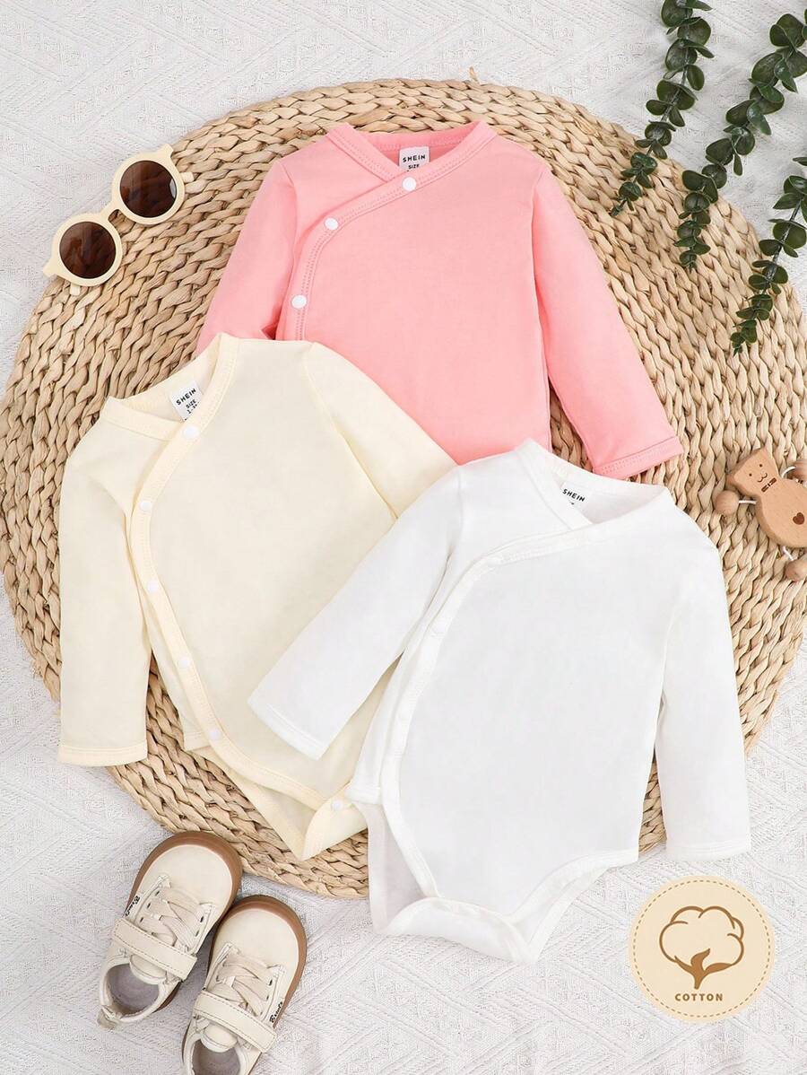 SHEIN 新生婴儿男女宝宝纯白色交叉前襟舒适可爱有趣优雅休闲风格弹力长袖一体式连体衣套装 - 彩色 - 查看 1