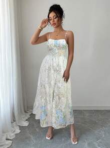 Rafferiza 女士优雅刺绣花卉印花无袖连衣裙 - 淺藍色 - 查看 6