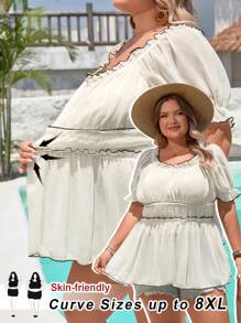 SHEIN CURVE+ Plus Size Romantic Date Apricot Long Bubble Sleeves With Contrasting Edges, Short Multi-Layer Split Fit Women's Shirt, Doll Shirt/Graphic Tees - Apricot - View 1