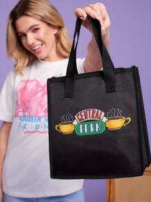 FRIENDS X SHEIN Bolsa de almuerzo aislada con estampado de taza de café, mantiene los alimentos calientes o fríos, bolsa de picnic, gran capacidad, puede contener cajas de almuerzo y bebidas, adecuada para picnics, camping, viajes, uso doméstico, adecuada para familias, niños y estudiantes, amigos, Central Perk