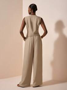 Zivah 2025夏季新款：适合生日派对、返校季、学院风、学生装、日常穿着、基础百搭、休闲、度假、邮轮、沙滩、海边、日光浴、网络流行风格、街头风、优雅、通勤、商务休闲、俱乐部风格、V领无袖、不对称斜开门扣可打开、修身上衣和直筒裤，有真口袋、卡其色纹理面料、夏季套装、女式两件套西装 - 杏色 - 查看 6