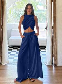 Cloudara Sencillez elegante: Conjunto de top corto drapeado de cuello redondo y Bottom a juego