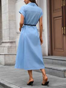 INAWLY Vestido Longo Feminino, Elegante para o Escritório e Trajeto - Azul - Visão 2