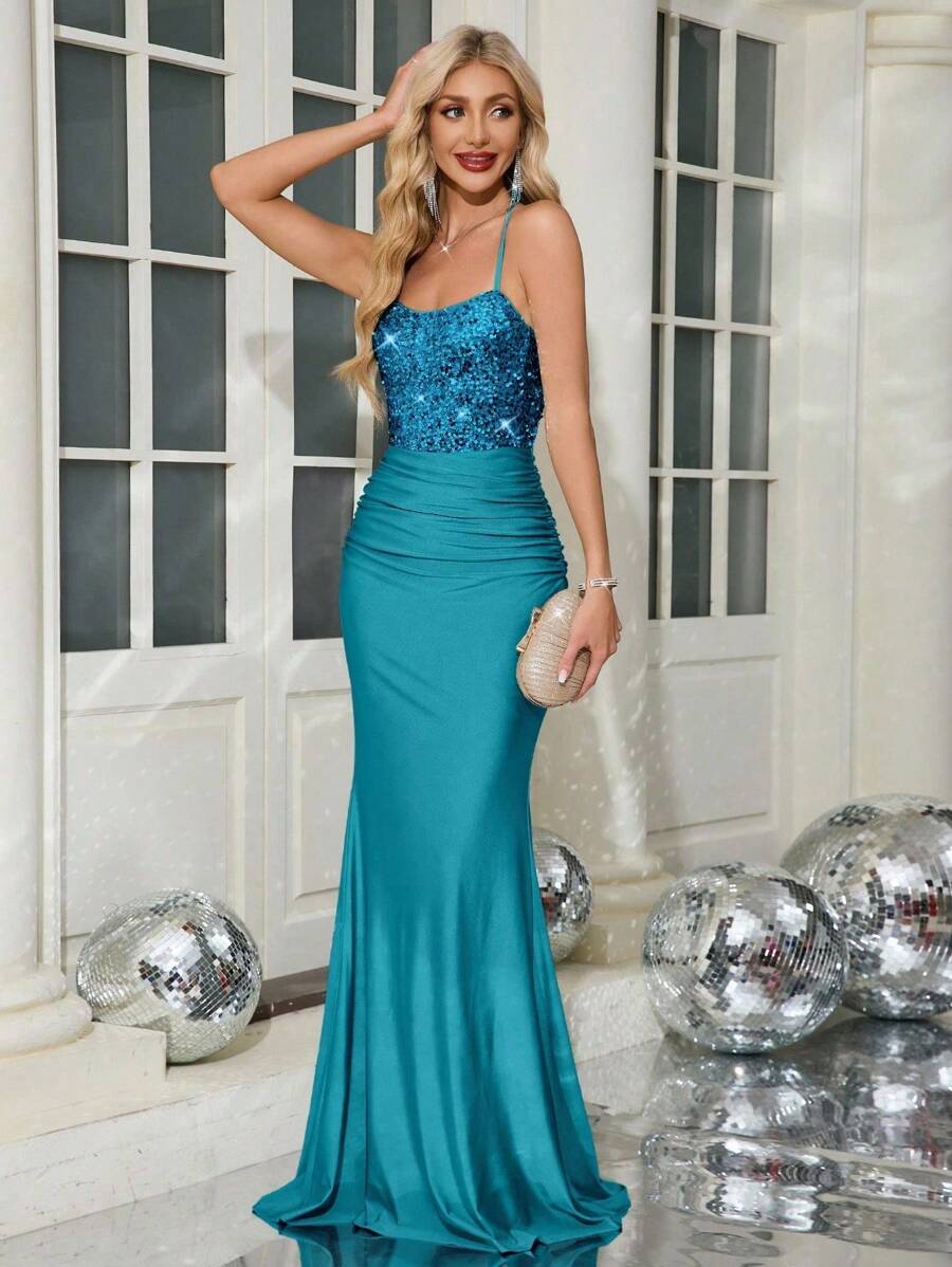 SHEIN Belle Vestido largo con pinzas en la cintura, espalda descubierta, cintura alta y envolvente con detalles de lentejuelas en contraste, ideal para graduación, cumpleaños, baile de graduación y fiestas para mujeres - Agua verde azul - Ver 1
