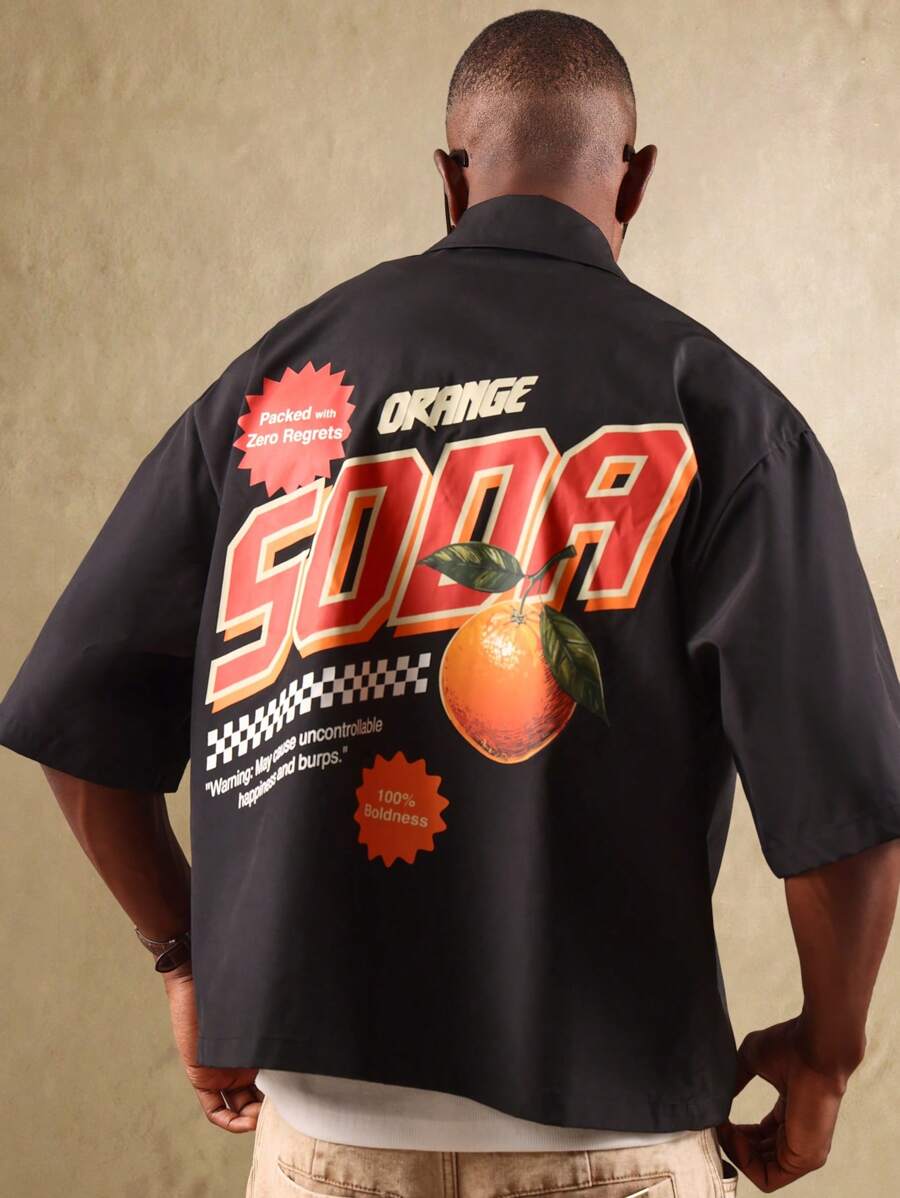 SUMWON Streetwear Oversized Button Down Shirt Orange Soda Print Festival Party Graphic Back Print Short Sleeve Urban Fashion Casual Summer - Black - View 1