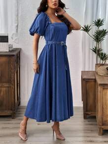 SHEIN LUNE Vestido jeans casual feminino com manga bufante, vestido de formatura de verão, vestidos casuais para mulheres, vestidos de aniversário para mulheres, roupas de cowgirl para mulheres, vestidos para mulheres, vestidos de verão elegantes para mulheres, roupas de trabalho, roupas para shows country, roupas de professora para mulheres - Lavagem Média - View 5