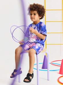 SHEIN 2-Piece Set Of Young Boys Casual Coconut Tree Print Short Sleeve Crew Neck T-Shirt And Tie-Dye Shorts Set For Sports, Leisure, Daily Wear, Outdoor, School - Purple - View 3