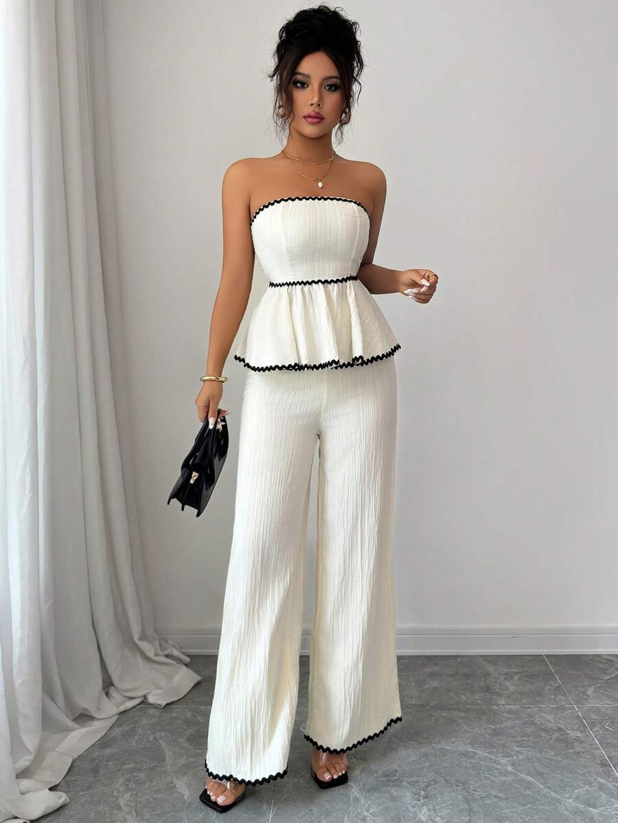 Selianne 2pcs Women Flowers Ruffled Bandeau Top And Pants Set - Beige - View 1