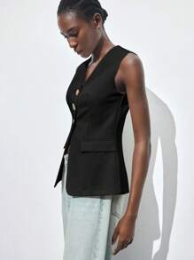 Maija Schwarze ärmellose Blazer Jacke für Frauen, eleganter minimalistischer Modestil, bequem und vielseitig, geeignet für Feiertage, Zusammenkünfte, klassische Oberteile, Business Lässig, Büromode, Vintage Stil