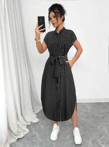Selianne Romantic Elegant Graduation Concert Outfit Business Casua Old Money Style Anouk Yve Aura Quiet Style Commuter Blue Striped Shirt Dress Short Sleeves Pocket Bow Slits 2025 Spring And Summer Vacation And Leisure Home New Long Dress - Black - View 8