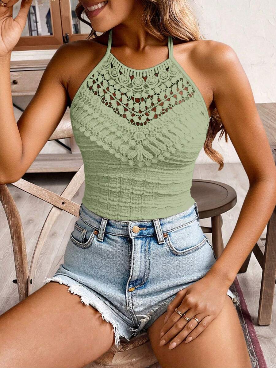 SHEIN Frenchy Women's Vacation Contrast Lace Fitted Halter Neck Camisole' Summer Green Green Christmas - Green - View 1