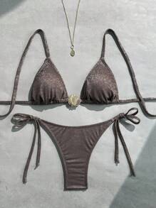 Swim Mod 2pcs/Set Women Halter Glittery Fabric Shell Decor Sexy Bikini Set For Summer Beach Vacation