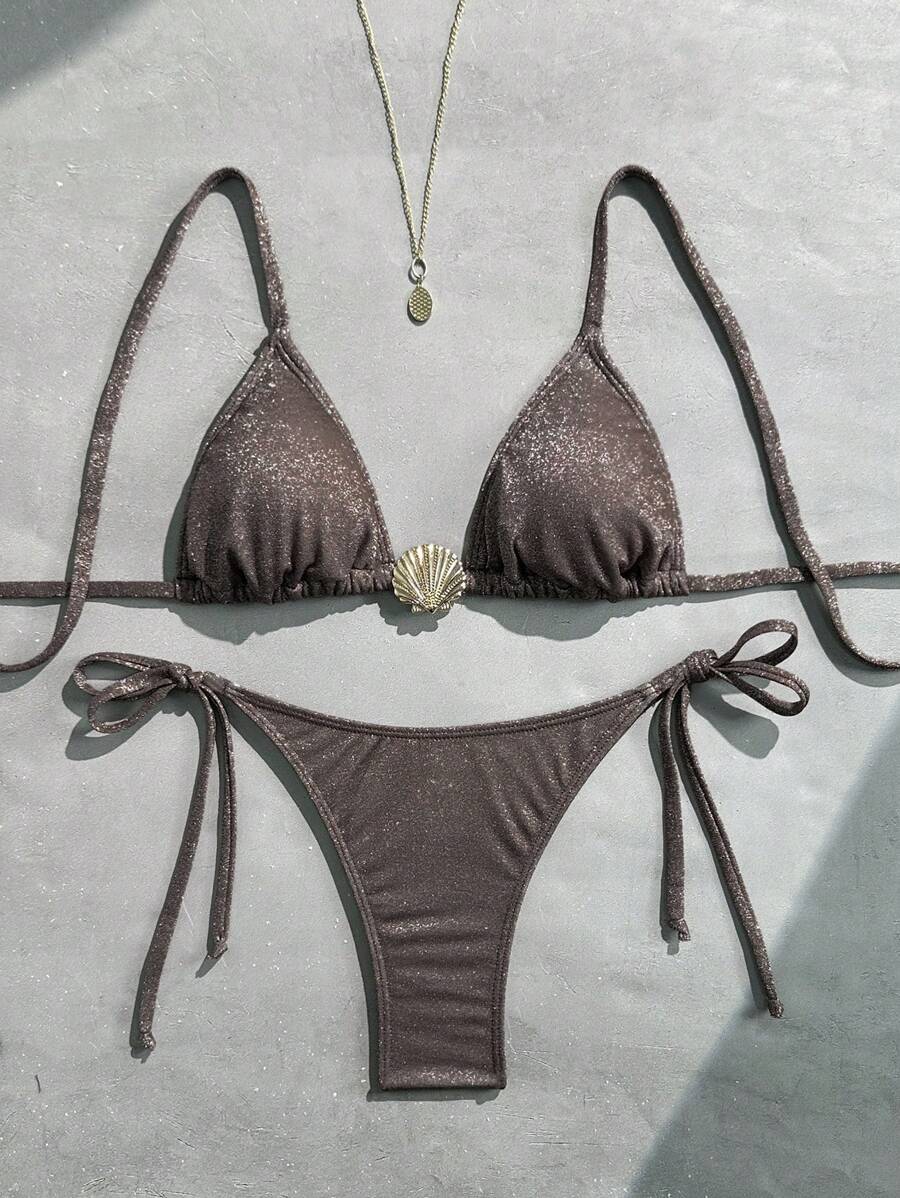 Swim Mod 2pcs/Set Women Halter Glittery Fabric Shell Decor Sexy Bikini Set For Summer Beach Vacation