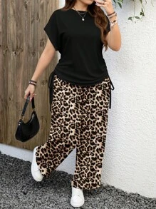 EMERY ROSE Ensemble femme grande taille 2 pièces Imprimé léopard d'été Top col rond manches courtes, design bas élastique + Pantalon ample taille haute Vêtements d'été femme Ensemble 2 pièces