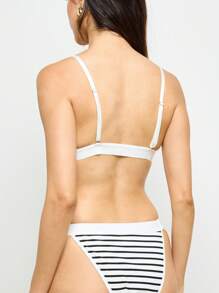 AiiRZ Triangle Bralette Brief Matching Lingerie Ribbed Knit Stripe Pattern Elastic Band Comfort Underwear Set Casual Daily Essentials - Black and White - View 2