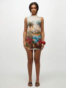 SUMWON WOMEN Đầm mini Tropical Paradise Resort Hawaii kỳ nghỉ lưới ba lỗ Đồ đi biển mùa hè Hồ bơi hoàng hôn In họa tiết cây cọ Không tay - Nhiều màu - Xem 3