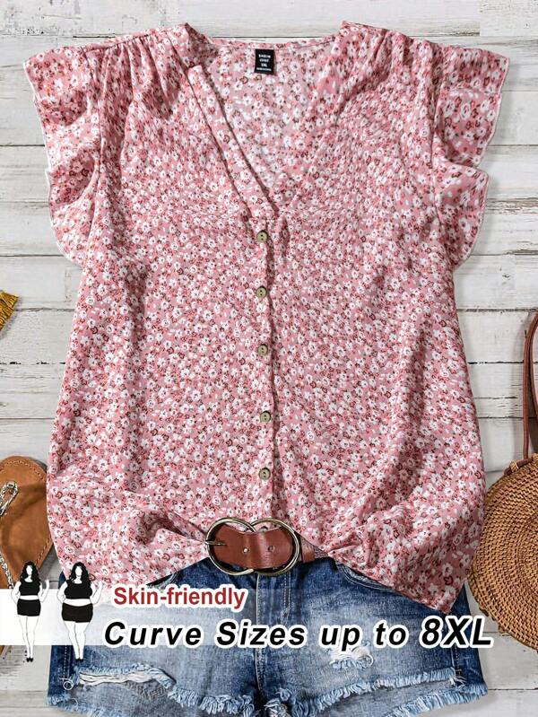 SHEIN CURVE+ Blusa holgada de flores con cuello en V y mangas cortas para mujer de talla grande, ideal para uso diario, vacaciones y salidas, top con estampado floral diminuto
