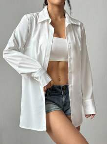 Chiquease Women's Long Embroidered Mesh Patchwork Blouse, Solid Color, Fitted, Long Sleeve, Front Open, Shirt Collar, Backless, Back Tie, Back Bow, Criss-Cross Back, Sheer Back, Embroidered Patchwork, Waist Cinched, Elegant, Casual, Work, Sexy, Luxurious, Romantic, Chic, Minimalist, Spring/Summer/Autumn