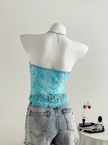 Roylia Ren khoét rỗng, Họa tiết hình học, Màu trơn, Ôm sát, Bandeau, Áo ống, Không tay, Hở lưng, Trong suốt một phần, Lễ hội, Ngày lễ, Thanh lịch, Gợi cảm, Lãng mạn, Tối giản, Phong cách nghỉ dưỡng Boho, Cô gái tiệc tùng, Y2K, Áo ống mùa xuân/hè dành cho nữ - Màu xanh lam - Xem 2