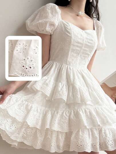 Modelyn Romantic Embroidery Ruffle Hem Women Mini Dress, White Dress For Graduation, Summer Dresses For Women, Birthday Dresses For Women, Flowy Dress, Graduation Dresses, Embroidered Dress, White Dress For Graduation