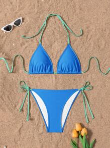 Swim Basics Conjunto de bikini playero de verano para mujer con corte halter y nudo, en estilo colorblock y sexy