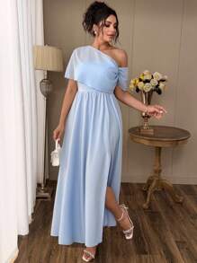 SHEIN LUNE 大码女式褶饰腰部不对称开衩优雅长裙，适合海滩装、茶会装、复活节装 - 藍色 - 查看 7