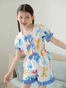 2pcs Tween GirlsButterfly Print Puff Sleeve Blouse And Ruffle Hem Shorts Summer Holiday Outfit - Blue - View 4