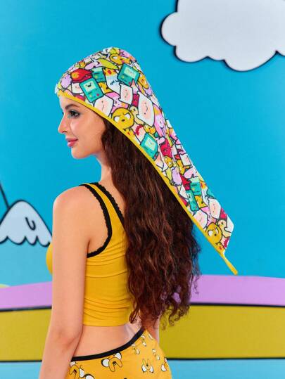 Adventure Time X ROMWE Cartoon Pattern Color Contrast Border Hair Drying Towel & Hair Drying Cap