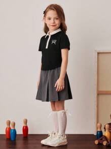 PrepCrw Young Girls Preppy Colorblock Polo Collar Short Sleeve T-Shirt And Pleated Mini Skirt Set,School Uniform,Summer,Career Day,Back-To-School - Multicolor - View 3