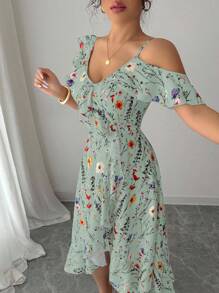 Elenzga Women's Asymmetric Ruffle Hem Floral Print Vacation Dress - Mint Green - View 4