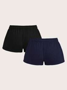 SHEIN EZwear 2 Stücke Frauen Shorts Set mit Tunnelzug und elastischem Bund, schwarz und navy blau, geeignet für den Sommer - Verschiedenfarbig - Übersicht 2