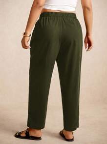 Elaquor 大码纯色休闲宽松日常百搭抽绳七分裤 - 軍綠色 - 查看 2