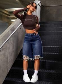 SHEIN ICON 女士时尚休闲日常纽扣阔腿牛仔短裤 - 藍色 - 查看 5