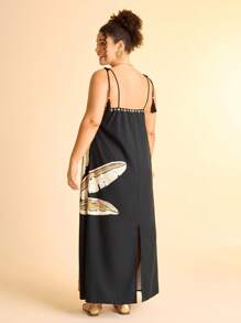 CAJUNI Plus Size Women Bohemian Tropical Coconut Tree Print Casual Sleeveless Tasselled Dress, Suitable For Beach Resort, Summer