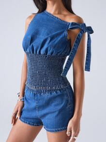 LYSMO 女式夏季露肩上衣和牛仔短裤两件套 - 藍色 - 查看 1