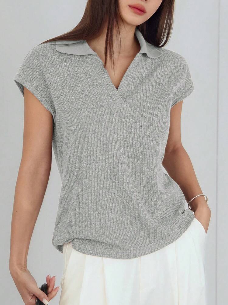 Women's Loose Casual Patchwork Collar Short Sleeve T-Shirt, Basic Solid Color Knit Top, Suitable For Autumn, Spring And Summer Business Casual Woman Work Clothes