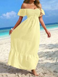 Breezaya Vestido largo de vacaciones con volantes hombros descubiertos de unicolor para vestir en la playa - Amarillo - Ver 5