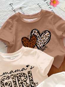 SHEIN 3 件套可爱“Mama's Girl”字母豹纹爱心印花奶油色配色年轻女孩休闲简约圆领短袖基本款 T 恤适合春夏季日常穿着居家外出农场返校 - 彩色 - 查看 5