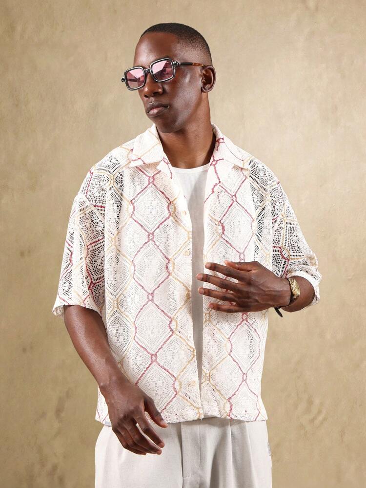 Retro Crochet Honeycomb Pattern Button Down Casual Shirt